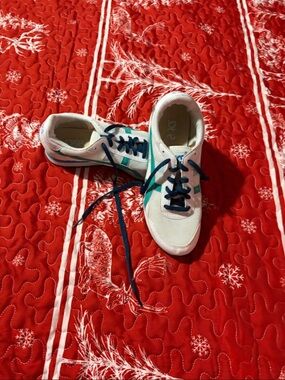 Asics Kids White Sneakers with Teal Accents and Navy Laces